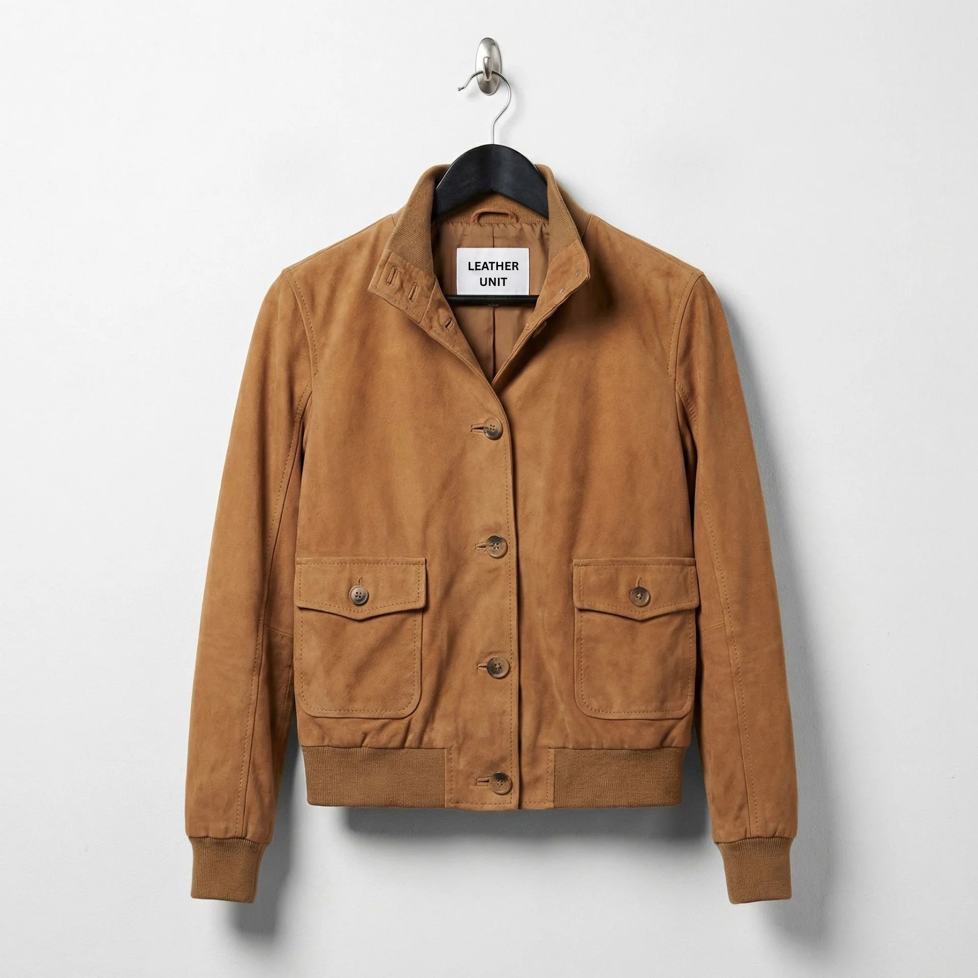 Front view of women's brown suede bomber leather jacket by Leather Unit
