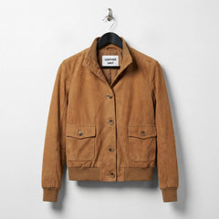 Front view of women's brown suede bomber leather jacket by Leather Unit