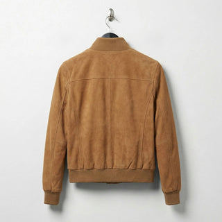 Back view of camel brown women’s suede bomber jacket with ribbed hem