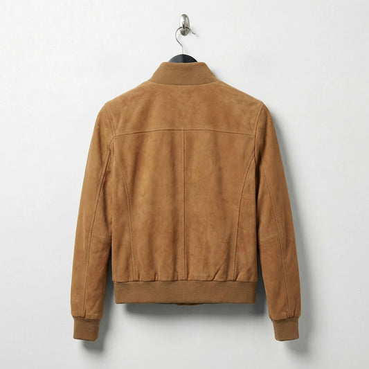 Back view of camel brown women’s suede bomber jacket with ribbed hem
