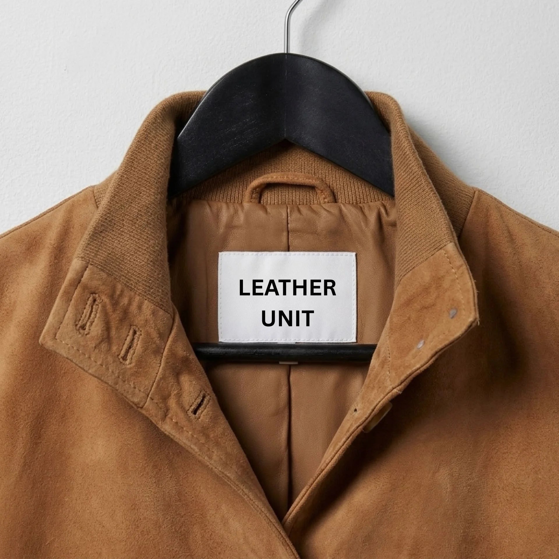 Close-up of collar and Leather Unit label on women’s brown suede jacket