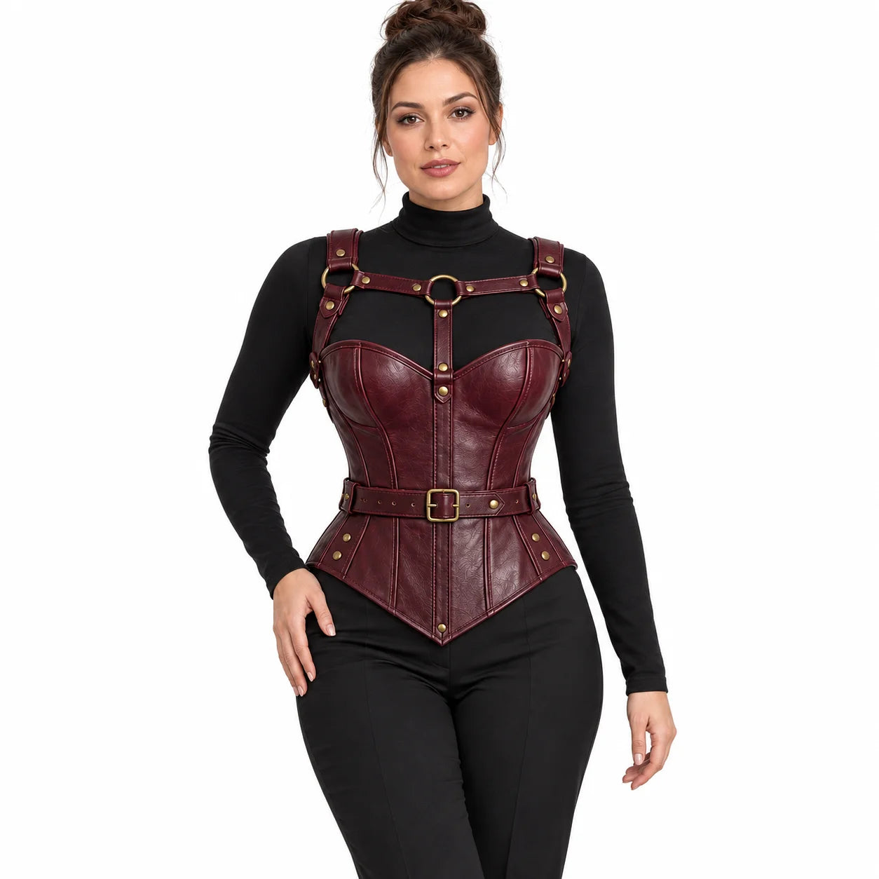 Front view of women's gothic burgundy leather corset with sweetheart neckline and gold-tone harness over black clothing.