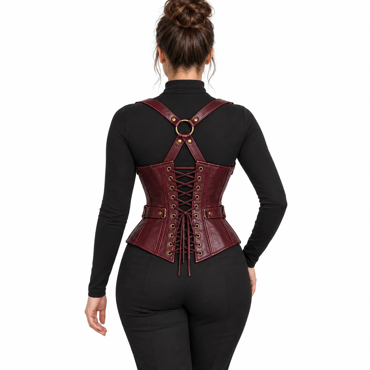 Model displaying the lace-up back of a burgundy leather corset with V-shaped shoulder harness and gold-tone centre ring.