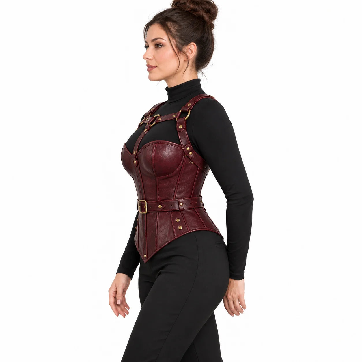 Side view of burgundy overbust leather corset featuring panelled construction, matching waist belt and pointed hem.