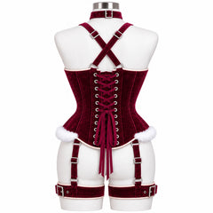 Rear view of burgundy velvet overbust corset showing cross-back shoulder harness, adjustable back lacing and thigh bands.