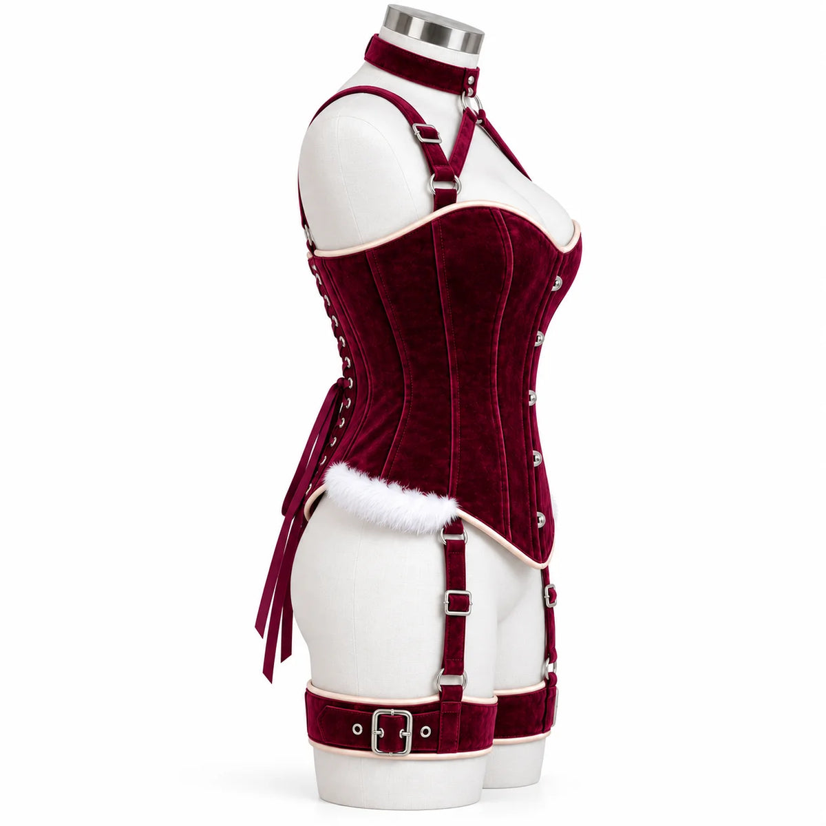 Side profile of Frosted Plum overbust velvet corset showing shaped waist panels, shoulder straps and white fur-style detailing.