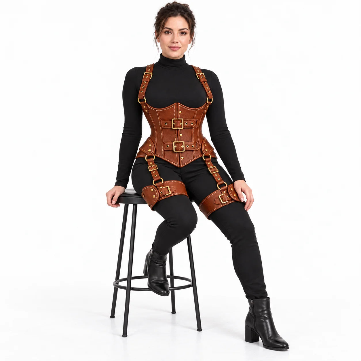 Seated model wearing a cognac leather corset with gold-tone buckles and thigh harness against a white studio backdrop.