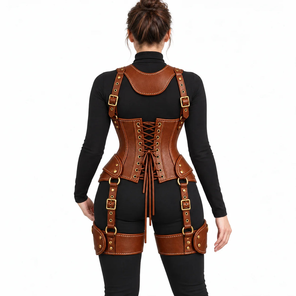 Model showing the lace-up rear panel of a brown leather corset with gold-tone eyelets, shoulder straps and thigh harness.