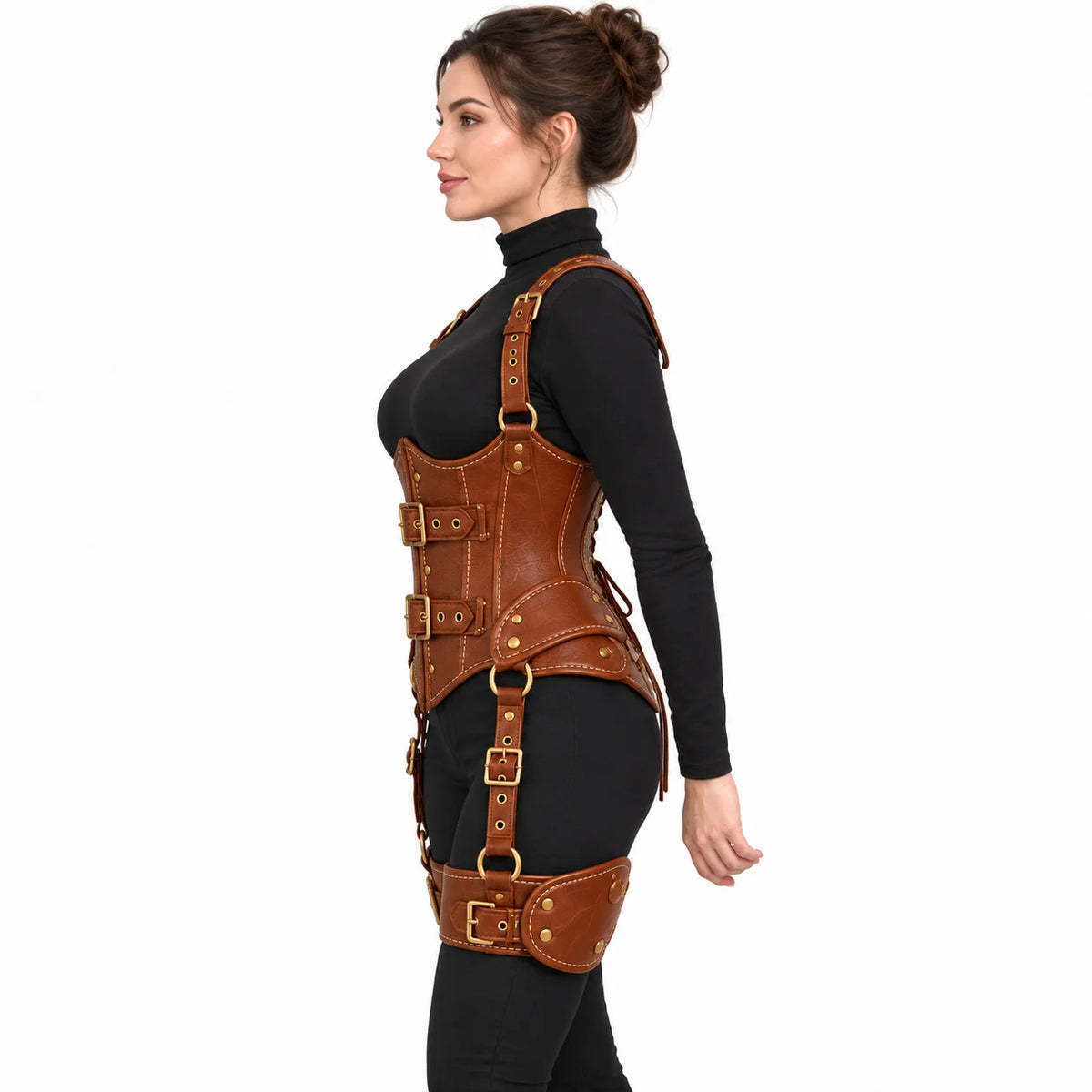 Side model view of a cognac cowhide leather corset featuring shaped waist panels, gold-tone buckles and thigh cuff detail.