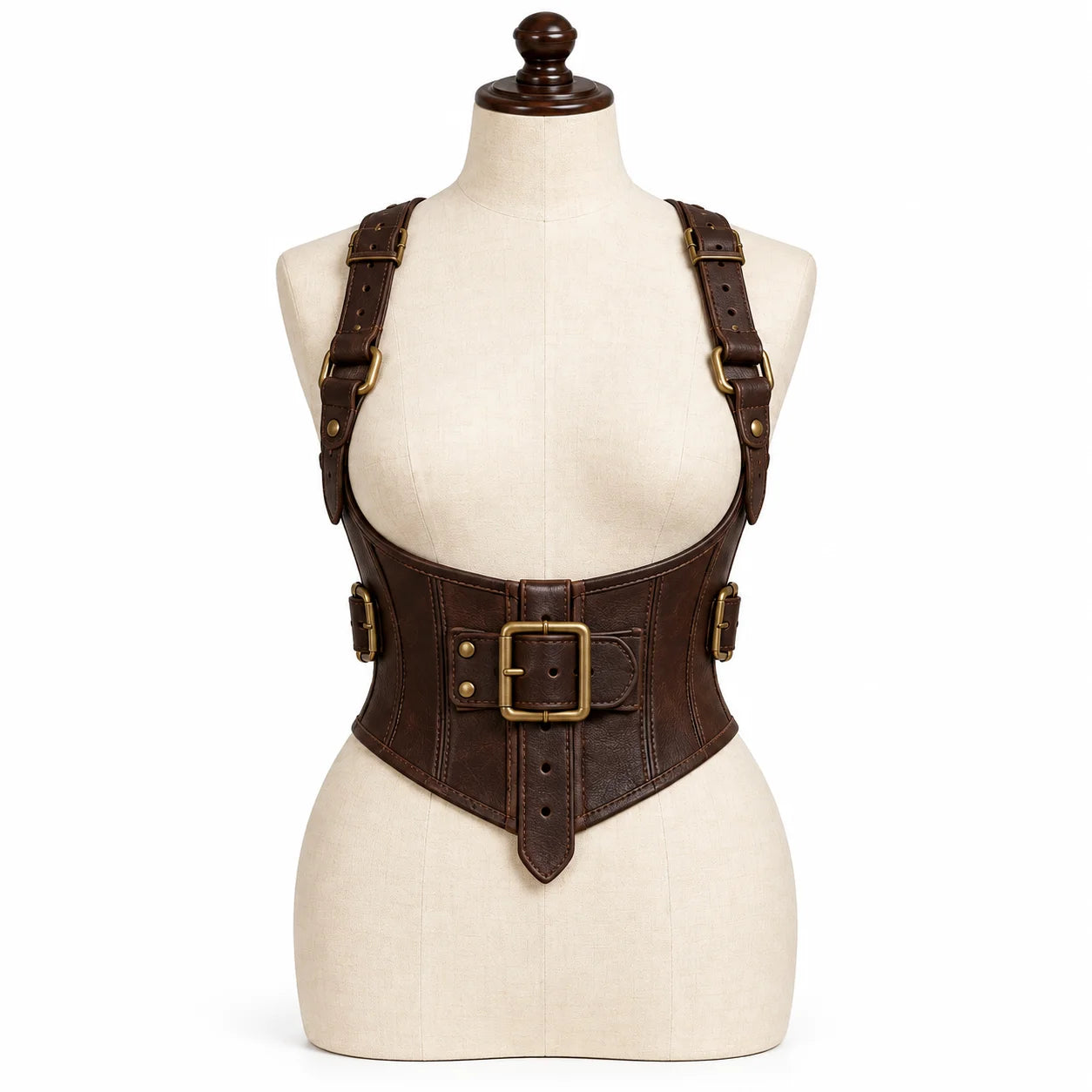 Front view of women's dark brown cowhide leather underbust corset featuring a large brass-tone buckle and adjustable shoulder straps.