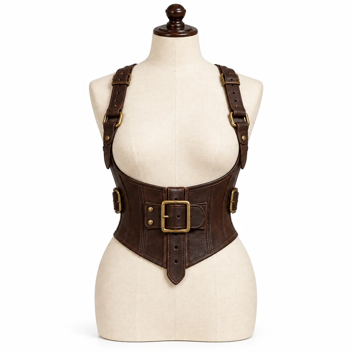 Front view of women's dark brown cowhide leather underbust corset featuring a large brass-tone buckle and adjustable shoulder straps.