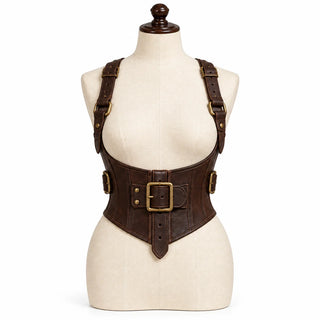 Front view of women's dark brown cowhide leather underbust corset featuring a large brass-tone buckle and adjustable shoulder straps.