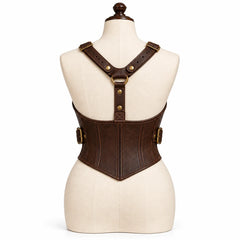 Rear view of brown leather corset with Y-shaped shoulder harness, centre D-ring connection and pointed waist hem.