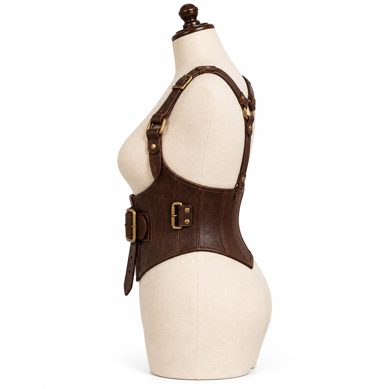 Side view of structured brown leather underbust corset showing contoured waist panels, side buckle and shoulder strap.