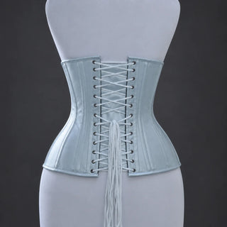 Back mannequin view showing adjustable white corset lacing, metal eyelets and smooth structured rear faux leather panels.
