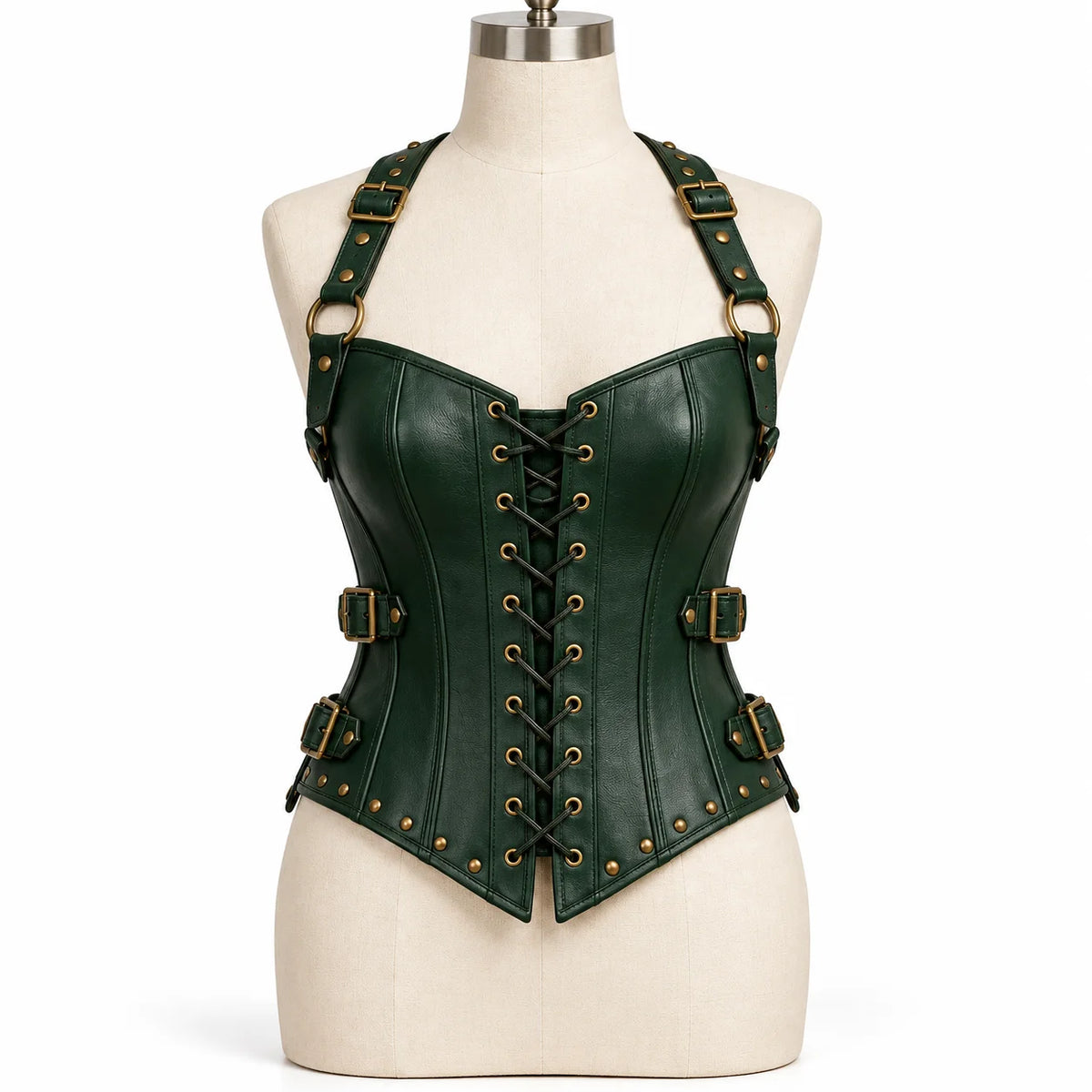 Front view of forest green cowhide leather corset with criss-cross lacing, brass-tone studs and adjustable shoulder straps.