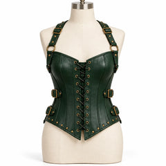 Front view of forest green cowhide leather corset with criss-cross lacing, brass-tone studs and adjustable shoulder straps.