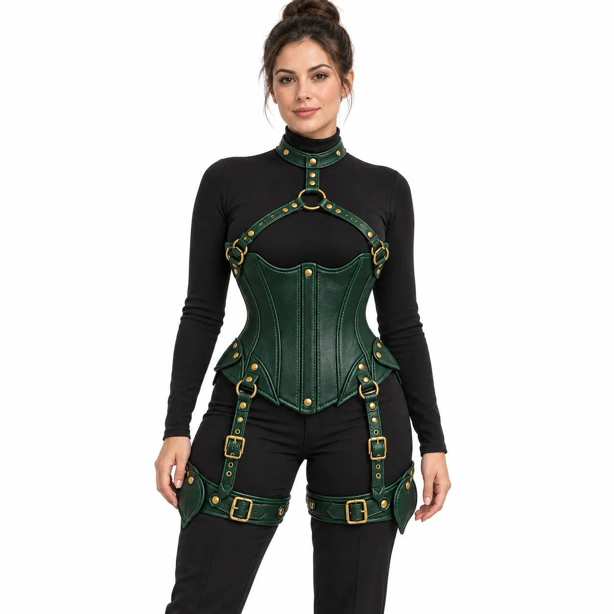 Front studio view of woman styling an emerald green cowhide leather corset harness with decorative chest straps and thigh buckles.