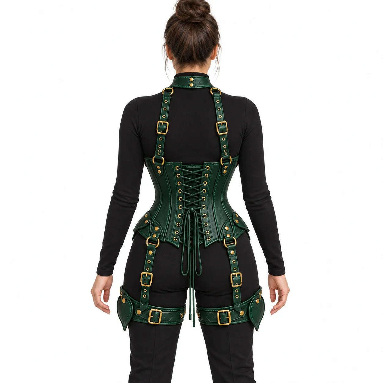 Back view of forest green leather corset harness with eyelet lacing, adjustable shoulder straps and matching thigh cuffs.