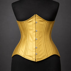 Front studio view of gold cowhide underbust corset showing vertical boning channels and front clasps