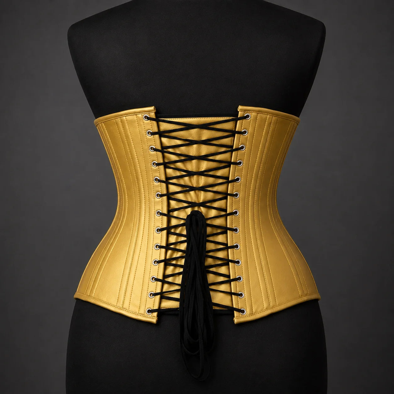Back studio view of gold leather corset with black lace-up adjustment, eyelets and shaped waist panels