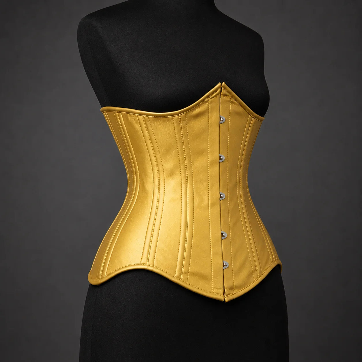 Three-quarter product view of metallic gold underbust leather corset highlighting curved waist construction