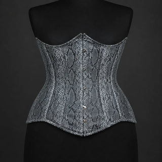 Front product view of grey and black snake print underbust corset showing curved top edge and metal busk fastening.