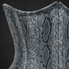 Close-up of grey snake print faux leather corset showing reptile texture detail, piping and front busk hardware.