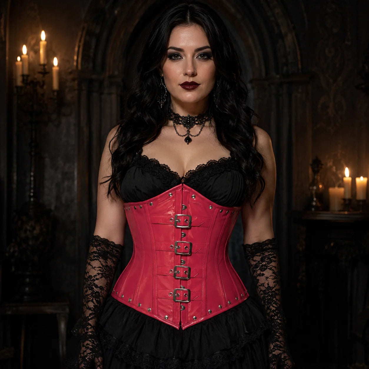 Woman wearing glossy pink PVC underbust corset with four front buckles, rivets and structured gothic styling