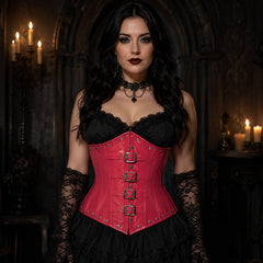 Woman wearing glossy pink PVC underbust corset with four front buckles, rivets and structured gothic styling