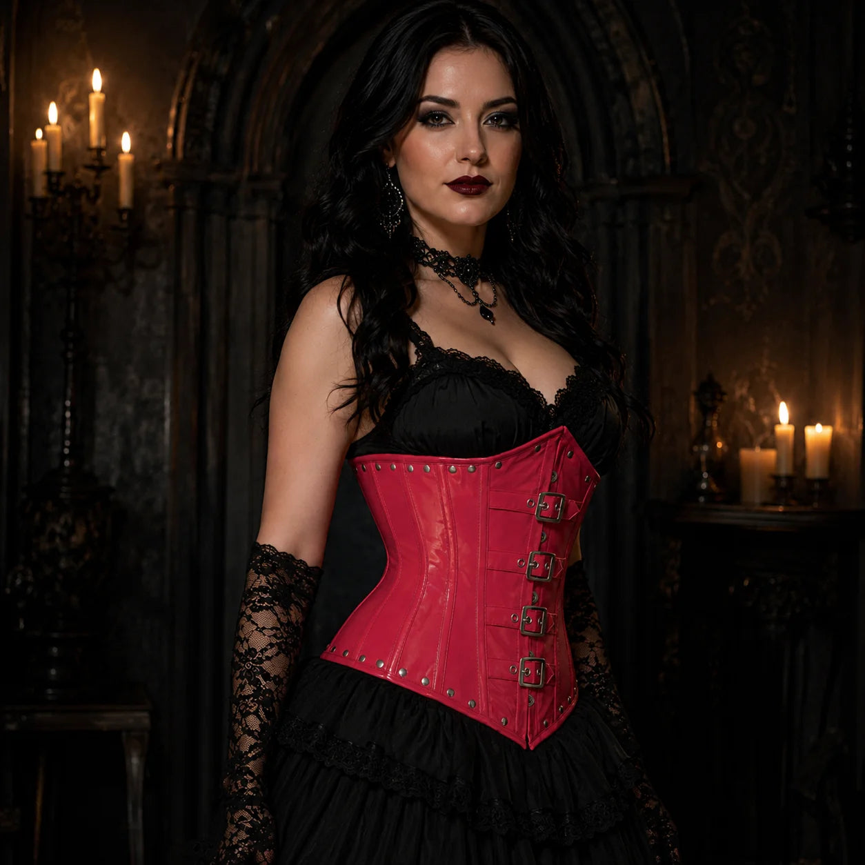 Three-quarter model view of pink steel boned PVC corset with buckle straps, rivets and high-shine finish
