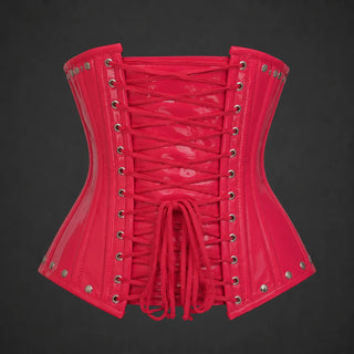 Back studio view of pink PVC underbust corset showing adjustable cross lacing, eyelets and panelled structure