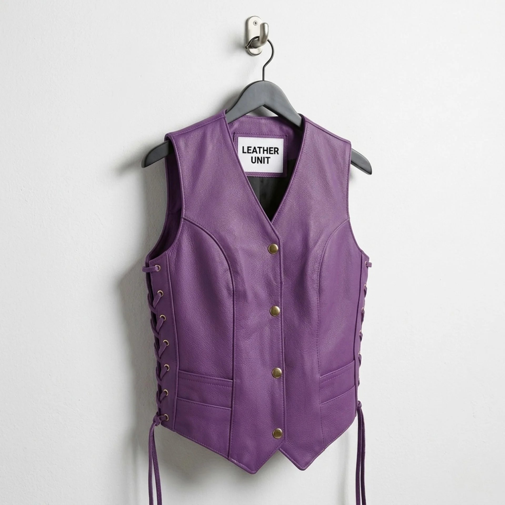 Front view of Leather Unit women’s purple leather vest with snap buttons