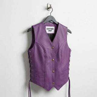 Front view of Leather Unit women’s purple leather vest with snap buttons