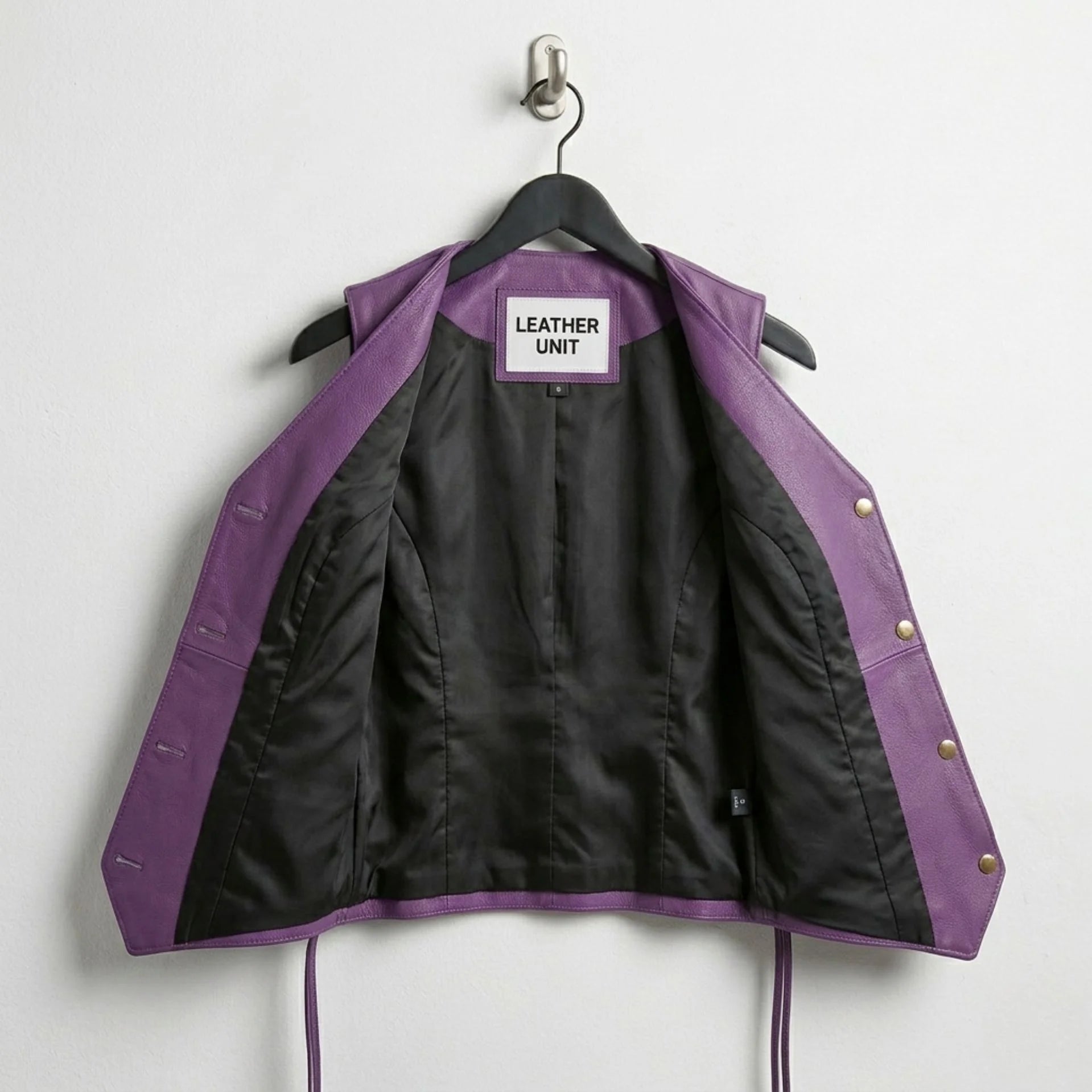 Inside view of purple leather vest with full black lining