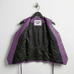 Inside view of purple leather vest with full black lining