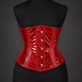 Front product view of glossy red PVC underbust corset with curved waist panels and silver-tone front fastening