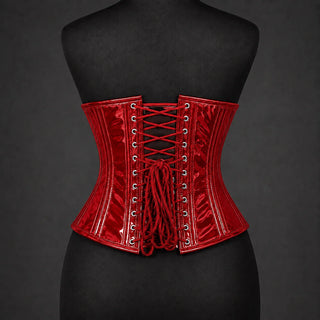 Rear view of red PVC underbust corset showing matching red laces, silver-tone eyelets and adjustable back closure