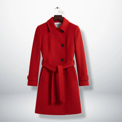 Front view of Leather Unit women’s red wool coat with belt and buttons