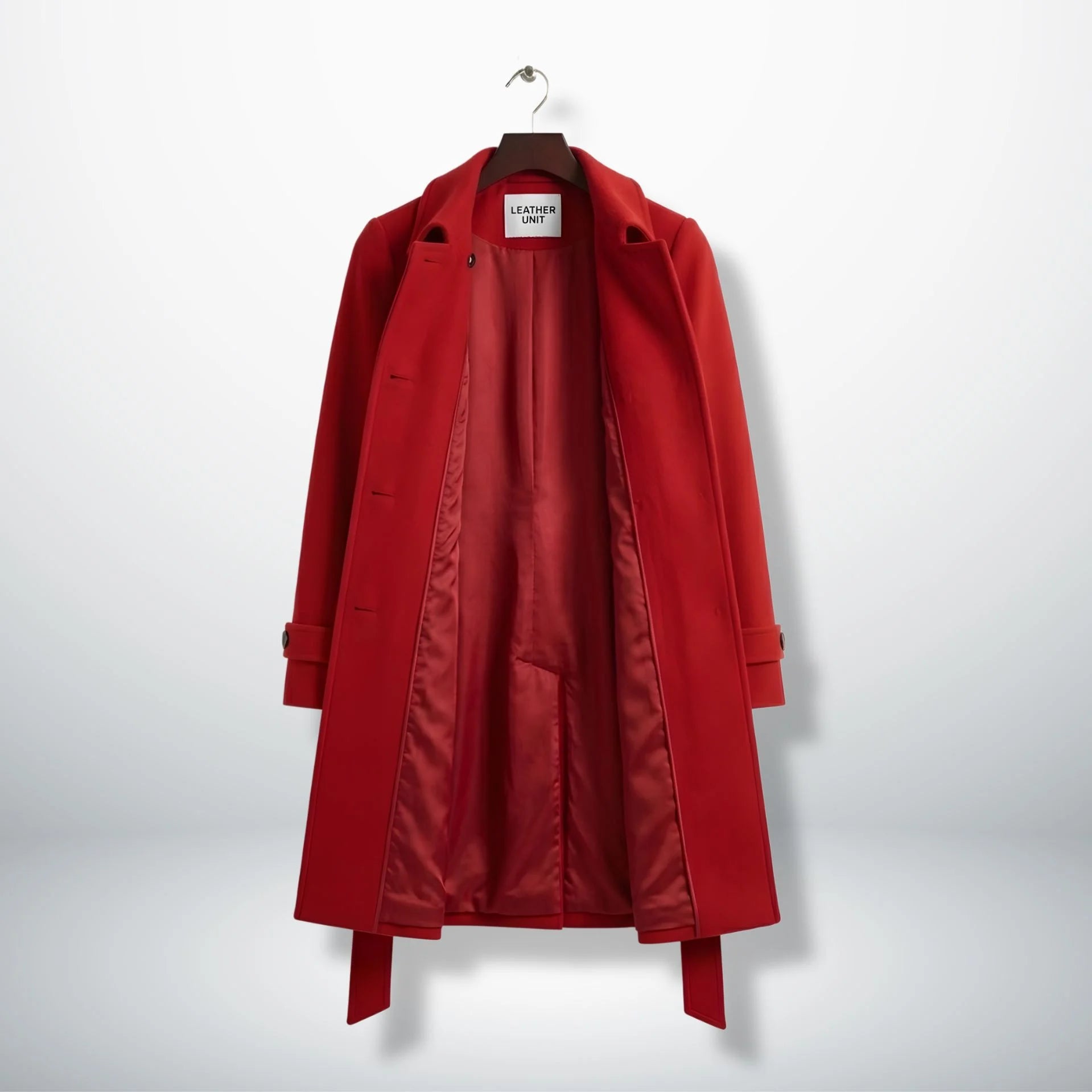 Inside view of women’s red wool blend coat showing full satin lining