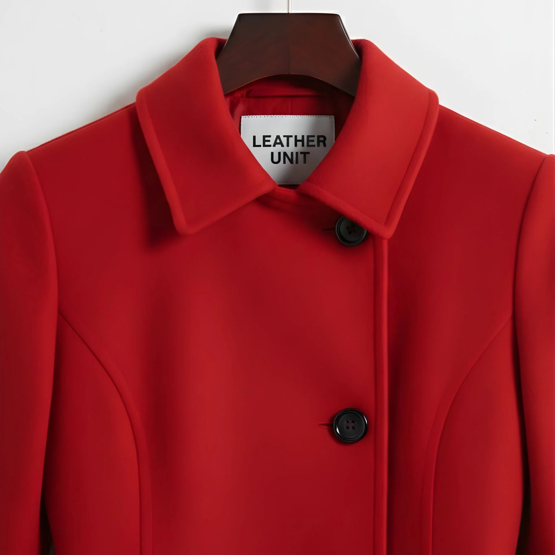 Close up of collar and buttons on women’s red wool winter coat