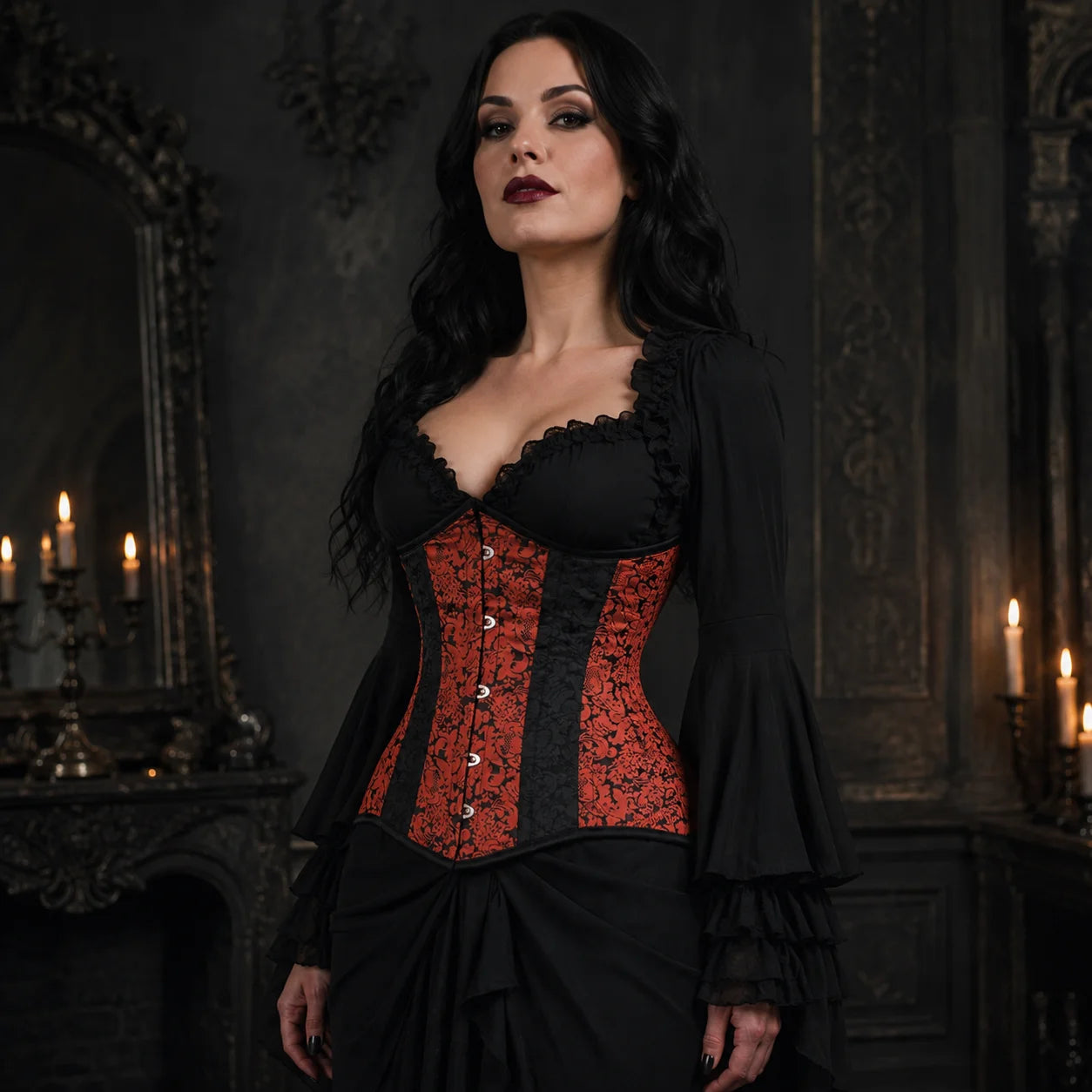 Three-quarter model view highlighting red floral brocade panels, black contrast sections and structured underbust silhouette