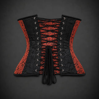 Back product view showing black lace-up adjustment, metal eyelets and alternating red and black brocade corset panels