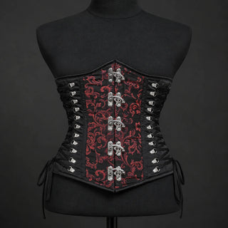 Front mannequin view of red brocade underbust corset with five metal clasps and black adjustable side lacing