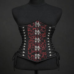 Front mannequin view of red brocade underbust corset with five metal clasps and black adjustable side lacing