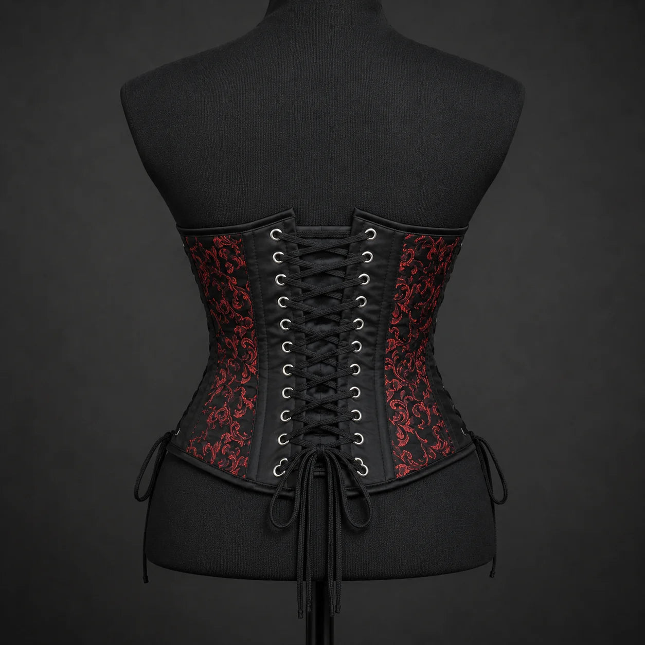 Back mannequin view of red brocade corset showing black central cross lacing, eyelets and patterned side panels