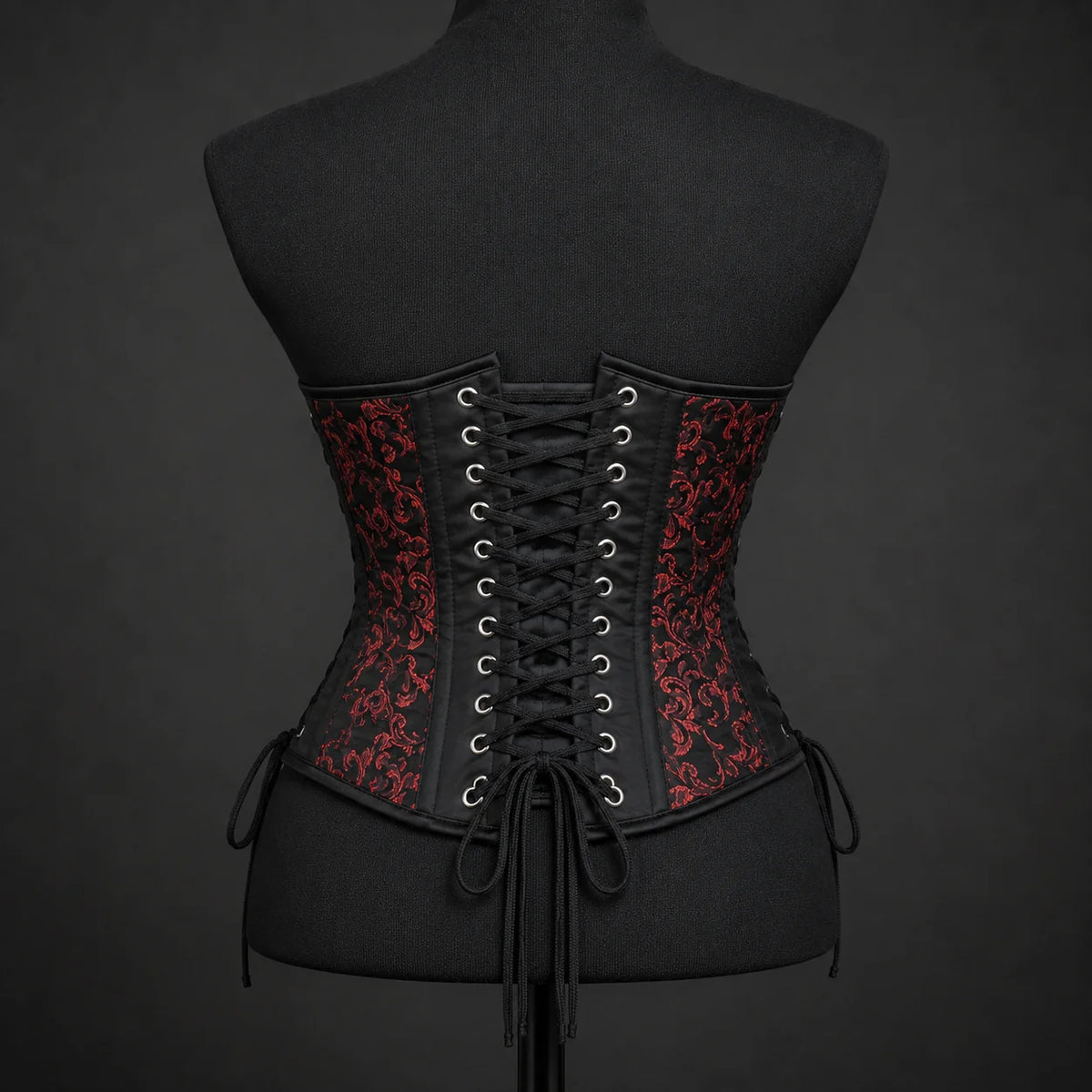 Back mannequin view of red brocade corset showing black central cross lacing, eyelets and patterned side panels