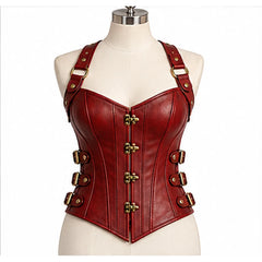 Front view of women's deep red cowhide leather overbust corset with four brass-tone hook clasps and adjustable side buckles.