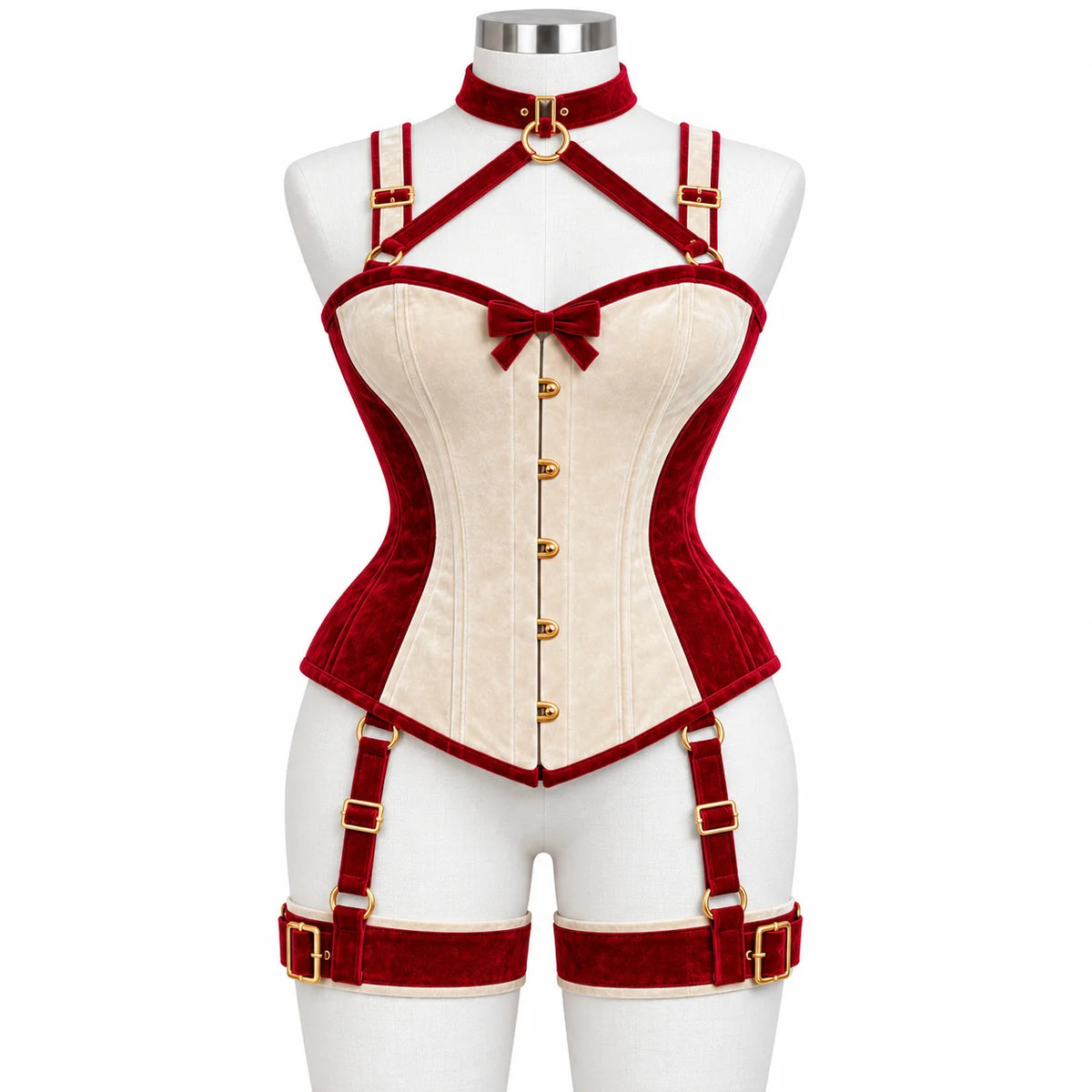 Front view of women's red and ivory velvet overbust corset harness with decorative bow, gold-tone clasps and matching thigh bands