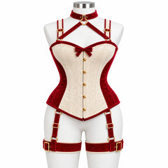 Front view of women's red and ivory velvet overbust corset harness with decorative bow, gold-tone clasps and matching thigh bands